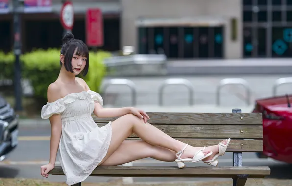 Girl, Asian, bench