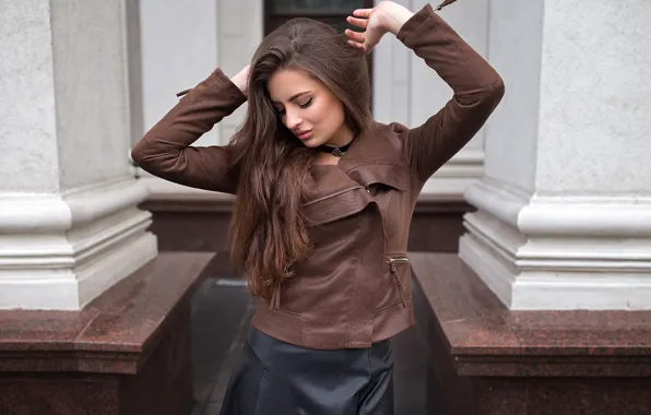 Pose, model, the building, skirt, makeup, jacket, hairstyle, brown hair