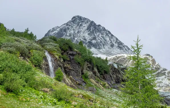 The sky, grass, trees, mountains, stones, rocks, France, waterfall