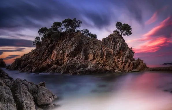Picture sea, trees, landscape, sunset, rocks, Spain, Catalonia, Costa Brava
