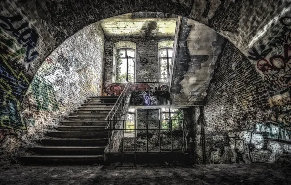 Window, ladder, the ruins, abandoned house