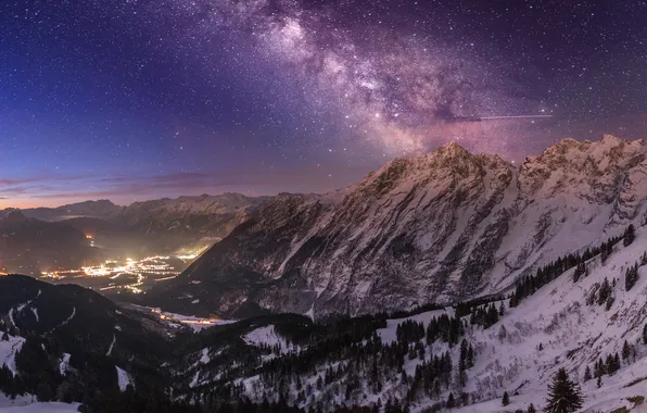 Winter, forest, stars, snow, mountains, night, lights, the slopes