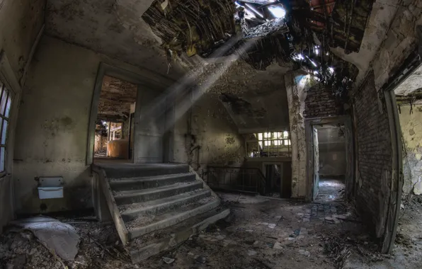 The wreckage, the building, stage, devastation, abandonment, the room, the sun's rays, mold