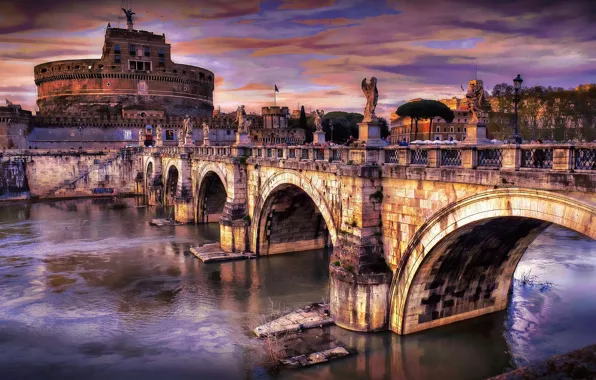 The sky, clouds, bridge, river, Rome, Italy, The Tiber, Castel Sant'angelo
