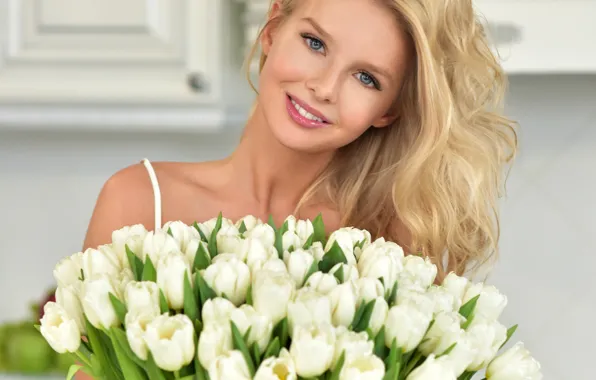 Smile, bouquet, makeup, hairstyle, blonde, tulips, white, cute