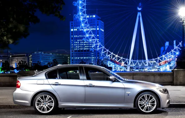 Night, bmw, BMW, silver, Ferris wheel, sedan, city lights, 318i