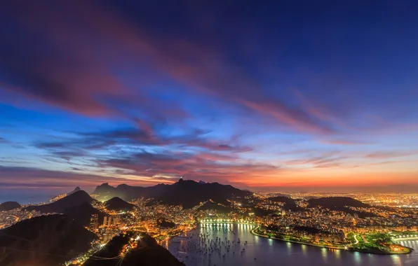 Picture mountains, the city, dawn, Bay, yachts, Rio de Janeiro
