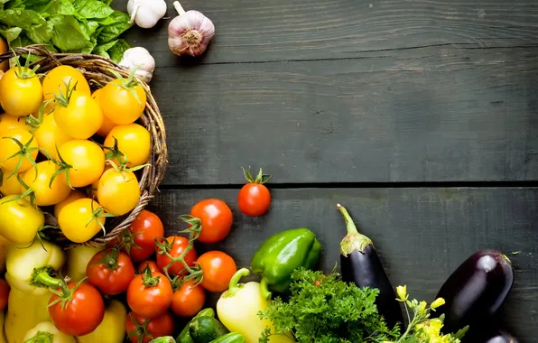 Greens, eggplant, pepper, tomatoes, peppers, tomatoes