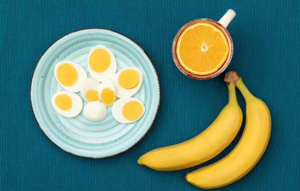 Orange, eggs, bananas