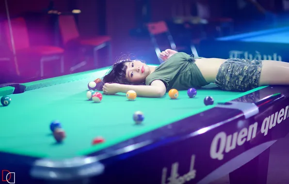 Picture girl, table, Billiards