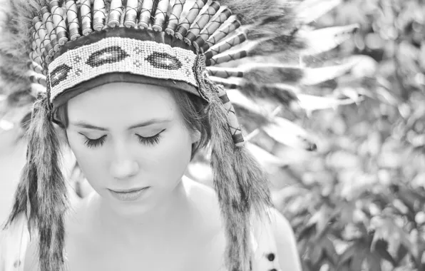 Picture girl, face, mood, feathers, black and white, headdress