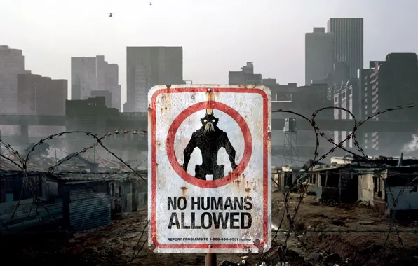 Picture city, alien, sign, movie, skyscrapers, helicopters, No Humans Allowed, District 9