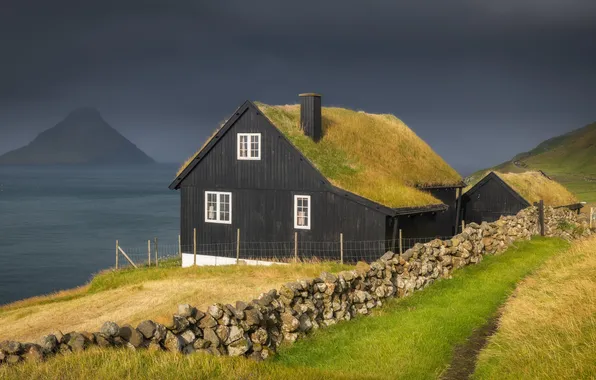 Road, roof, sea, the sky, grass, mountains, clouds, house