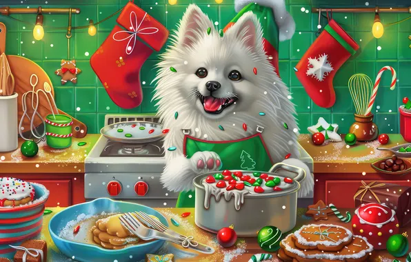 Balls, new year, dog, cookies, Christmas, kitchen, soup, plate