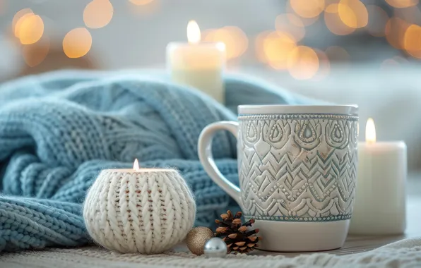 Lights, tea, candles, scarf, Christmas, mug, Cup, New year