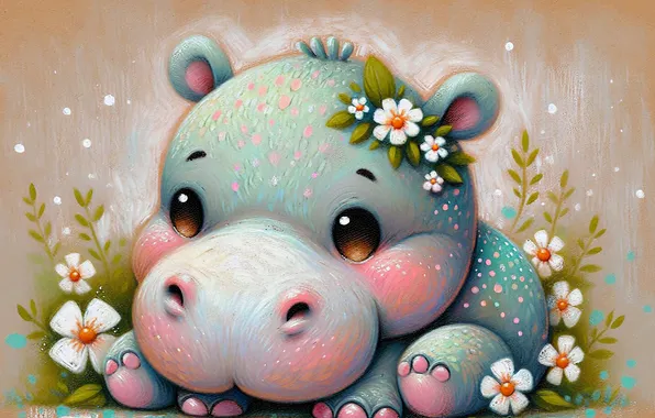 Flowers, styling, Hippo, face, Hippo, AI art, neural network