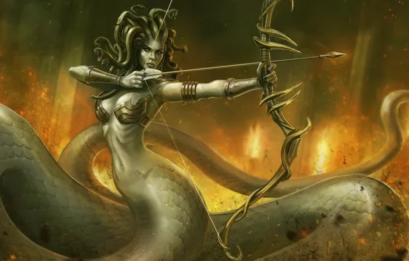 Snakes, chest, woman, bow, art, tail, arrows, medusa