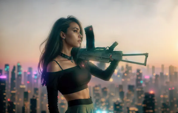 Picture Girl, Hair, Skyscrapers, Machine, Side, Мilitary