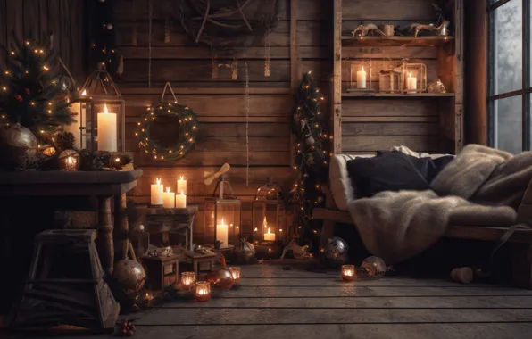 Comfort, heat, room, furniture, interior, pillow, candles, Christmas