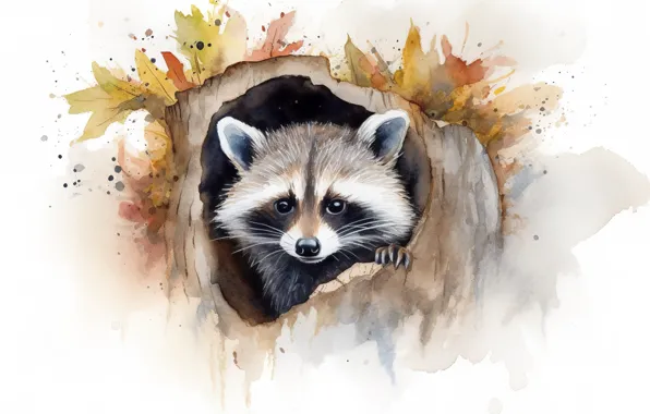 Autumn, look, leaves, figure, portrait, divorce, watercolor, raccoon