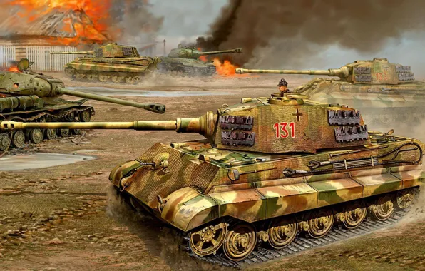 Picture war, figure, battle, Tiger II, King tiger, the is-2, Tiger II, heavy tank