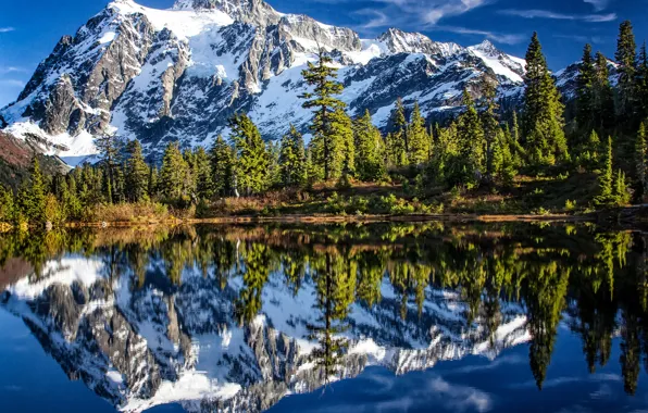 Forest, trees, mountains, lake, reflection, Mountain Shuksan, The cascade mountains, Washington State
