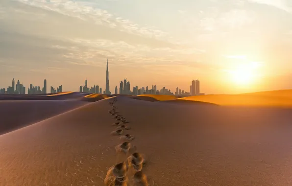 Sand, the sky, the sun, clouds, sunset, city, the city, desert