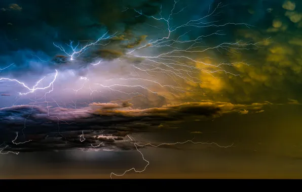The storm, night, clouds, storm, element, lightning, level