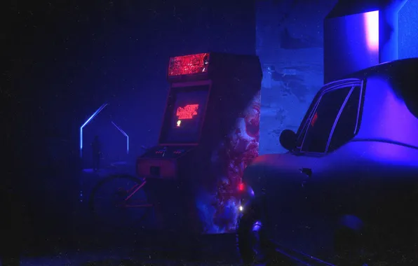 Night, Boy, Machine, Silhouette, Car, Night, Boy, Rendering
