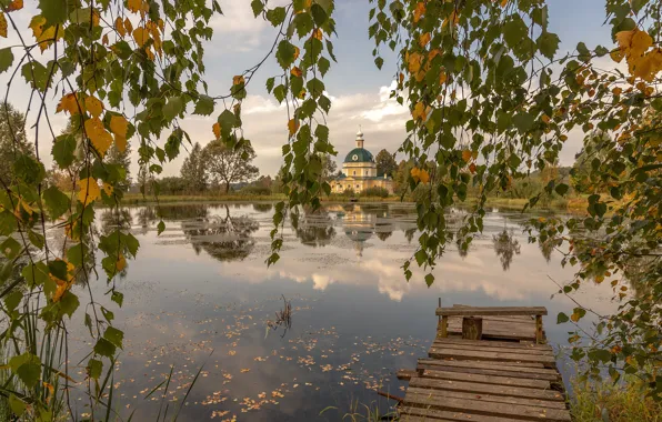 Picture leaves, landscape, branches, nature, morning, Church, birch, pond