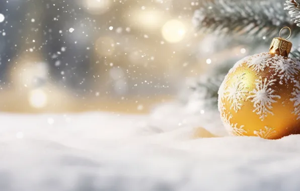 Picture winter, snow, decoration, ball, New Year, Christmas, golden, new year