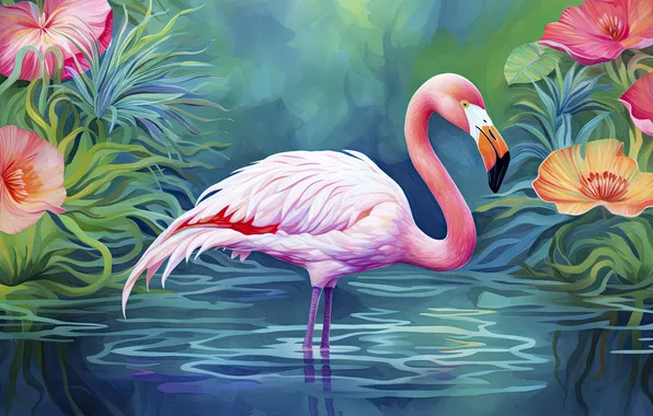 Water, flowers, pose, lake, bird, shore, watercolor, painting