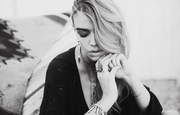 Girl, ring, blonde, lips, black and white, bracelets, Joanna Halpin