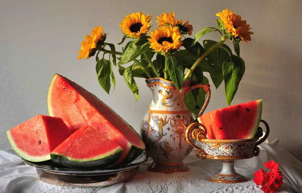 Picture flowers, table, watermelon, pitcher, still life