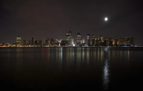 Night, river, the moon, New York, skyscrapers, USA, Manhattan, Manhattan