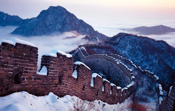 Clouds, snow, mountains, plants, The great wall of China