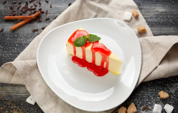 Strawberry, cinnamon, dessert, syrup, cheesecake