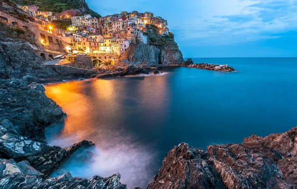 Sea, the city, lights, reflection, blue, rocks, shore, coast