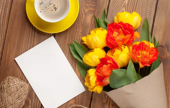 Flowers, coffee, yellow, Cup, tulips, red, romantic, a bouquet of tulips
