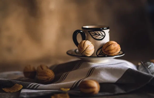 Coffee, towel, cookies, mug, dessert, nuts, nuts with boiled condensed milk
