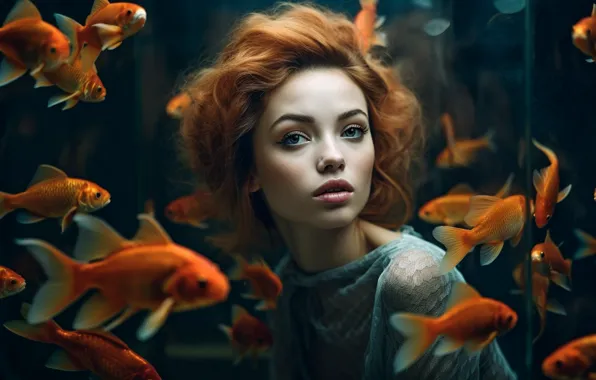 Look, glass, water, girl, fish, face, rendering, fantasy