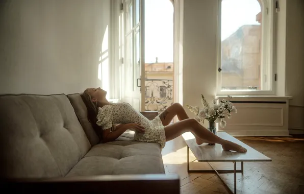 Girl, flowers, pose, room, sofa, barefoot, dress, window