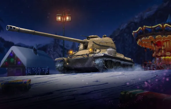 Picture Winter, Night, House, Christmas, New year, USA, Tank, World of tanks