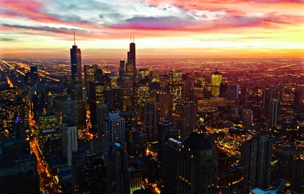 Picture City, Red, Clouds, Sky, Chicago, Sunset, Street, Skyline