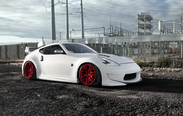 Nissan, Red, Front, White, 370Z, Stance, Wheels, Pure