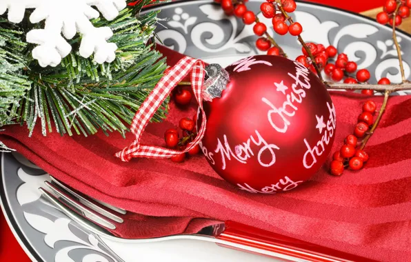 Close-up, red, holiday, toy, branch, ball, plate, New year