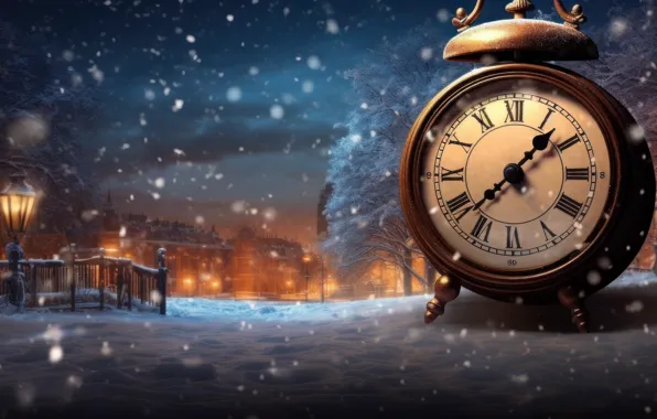Winter, snow, night, time, watch, Christmas, panorama, New year