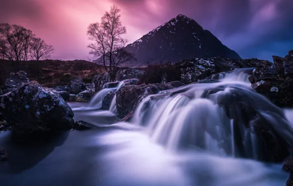 Picture the sky, trees, landscape, mountains, stones, waterfall, the evening, Wallpaper from lolita777