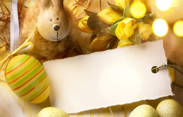 Flowers, holiday, hare, eggs, Easter, tulips, card, figure