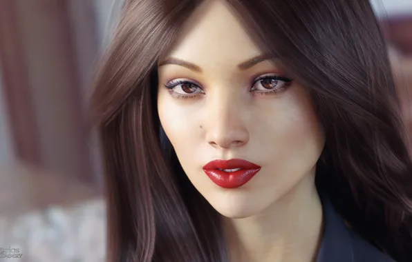 Look, girl, face, rendering, hair, lipstick, brown eyes